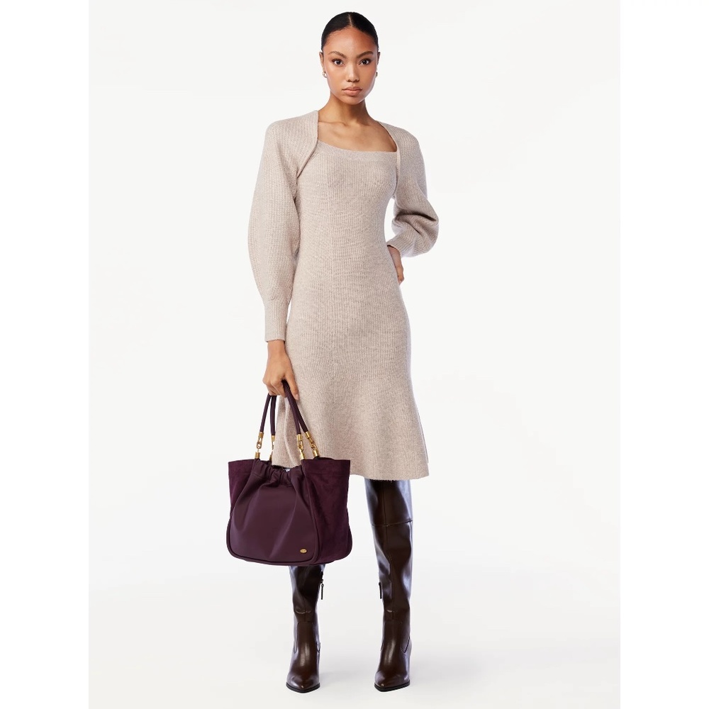 NEW   Women's Square Neck Sweater Dress Oatmeal S Small